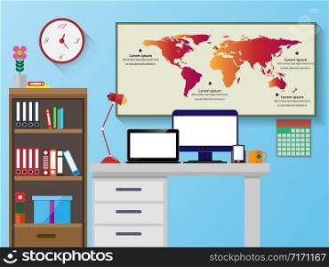 Vector office with a desk. Bookshelves and computer flat design illustration.
