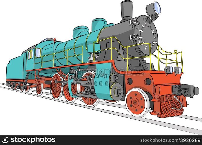 Vector. Old steam locomotive on the tracks.