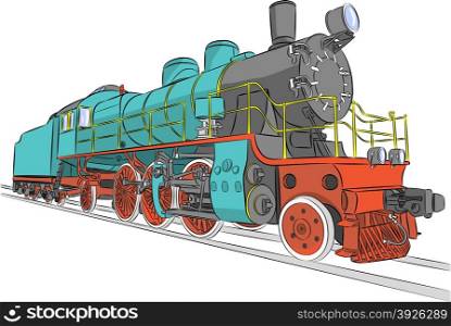 Vector. Old steam locomotive on the tracks.