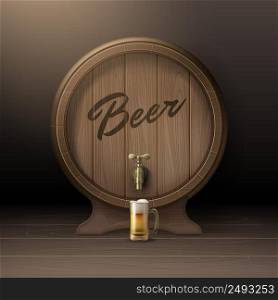 Vector old wooden barrel on rack with bronze stopcock and glass mug of beer front view isolated on background. Wooden beer barrel