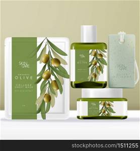 Vector Olive Oil Beauty Packaging Set with Face Mask Pouch, Packet or Sachet, Tinted Green Glass Serum Bottle & Jar, Soap on Rope. Olive illustration Printed.