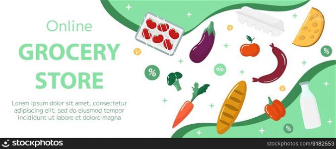 Vector online grocery store banner template. Fresh products on green background. Horizontal backdrop, flyer, brochure for sale, discount, offers