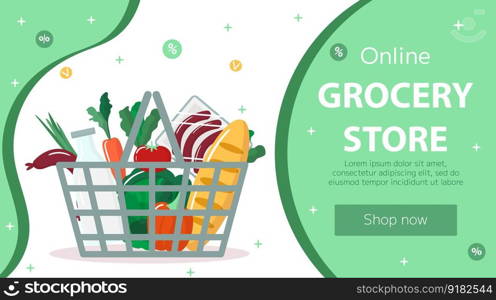 Vector online grocery store landing page template. Fresh products in shopping cart on green background. Horizontal backdrop, flyer, brochure for sale, discount, offers