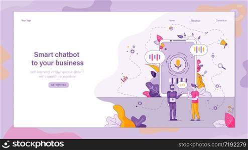 Vector Online Technical Customer Support Company. Flat Banner Illustration Smart Chatbot to Your Business. Robot Answers Man Question. Voice Control Device. Mobile Phone Screen. Search System