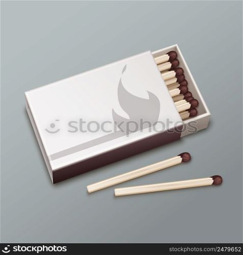 Vector opened box of brown matches isolated on gray background. Box of matches