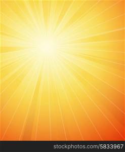 Vector orange shiny sun background with sunbeams, sunrays.