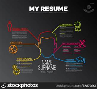 Vector original minimalist cv / resume template - creative version with big avatar - dark version