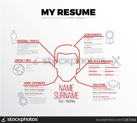 Vector original minimalist cv / resume template - creative version with big red avatar . Vector original minimalist cv / resume template