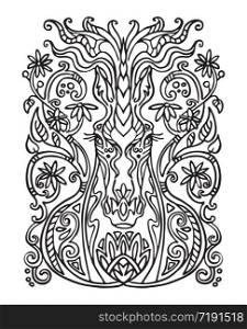 Vector ornamental doodle unicorn. Decorative abstract vector illustration in multicolored colors with black contour isolated on white background. Stock illustration for design and tattoo.