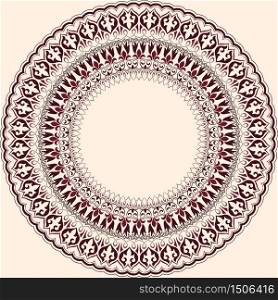 Vector ornamental round lace with damask and arabesque elements. Mehndi style. Orient traditional ornament. Zentangle-like round colored floral ornament.