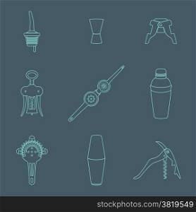 vector outline barman equipment icons set tools pour spout, jigger, plug, winged corkscrew, wine opener, squeezer, shaker, cocktail strainer on dark&#xA;
