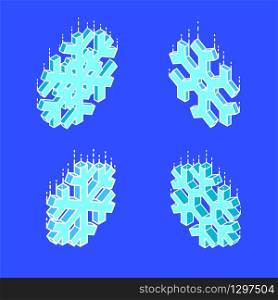vector outline design isometric geometric fallen snowflake icons set isolated blue background. isometric geometric snowflake set