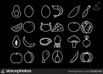 Vector outline healthy food icons. Cooking set. Vector illustration. Vector outline healthy food icons. Cooking set