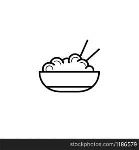 Vector outline icon ramen bowl noodles with chopstick. Asian food logo. Spaghetti illustration sign.