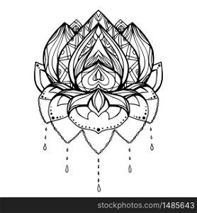 Vector outline illustration of lotus with boho pattern. Element for tattoos, printing on T-shirts, postcards, spa centers, yoga studios and your design. Vector outline illustration of lotus with boho pattern. Element