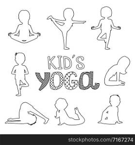 Vector outline kids yoga poses isolated on white background. Illustration of fitness yoga for exercise, girl pose. Vector outline kids yoga poses isolated on white background