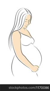 Vector outline of a pregnant woman. The pregnant woman bows her head and holds her stomach. Isolated on a white background.