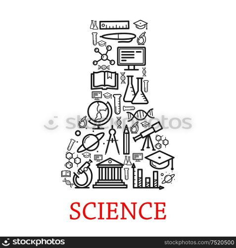 Vector outline science icons in shape of laboratory chemical test vial. Scientific concept elements of planet, architecture, telescope, graduation cap, globe, dna, microscope, monitor, atom. Vector ouline science elements icons