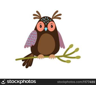 Vector Owl. Cartoon cute owl on tree branch illustration isolated on white background. Vector Owl. Cartoon cute owl on tree branch illustration isolated on white