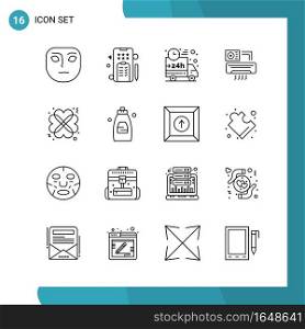 Vector Pack of 16 Outline Symbols. Line Style Icon Set on White Background for Web and Mobile.. Creative Black Icon vector background