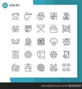 Vector Pack of 25 Outline Symbols. Line Style Icon Set on White Background for Web and Mobile.. Creative Black Icon vector background