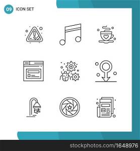Vector Pack of 9 Outline Symbols. Line Style Icon Set on White Background for Web and Mobile.. Creative Black Icon vector background