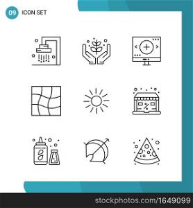Vector Pack of 9 Outline Symbols. Line Style Icon Set on White Background for Web and Mobile.. Creative Black Icon vector background