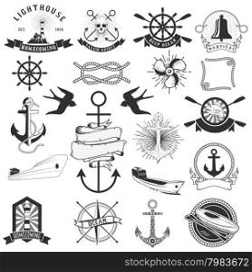 Vector pack of nautical elements. Rope swirls, logos and badges