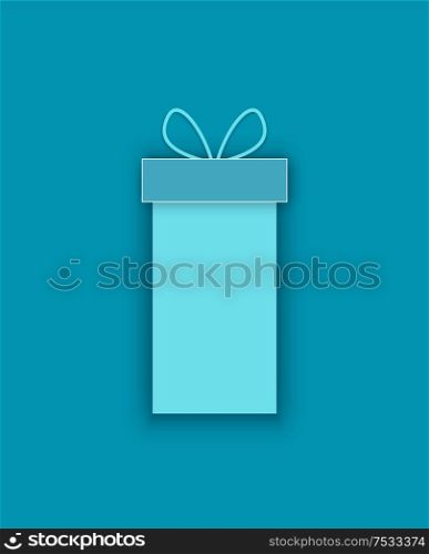 Vector package box, bow on top decoration, surprise on Christmas and New Year. Wrapped Xmas present cut out icon, isolated on blue, shopping symbol. Vector Package Box, Bow on Top Decoration Surprise