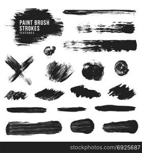 vector paint brush strokes texture. vector hand drawn various black monochrome paint brush strokes smears decorative dirty artistic realistic texture elements set isolated on white background