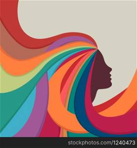 Vector painted multicolored profile of a girl with long wavy hair. Hairstyle concept for poster or background