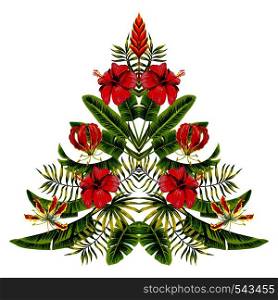 Vector painting christmas tree in hawaii mirror style hand drawn of tropical hibiscus flowers and palm banana leaves. Exotic symbol of the new year, merry Xmas on a white background