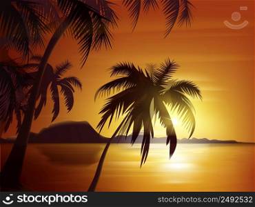 Vector palm trees silhouette with orange sunset, ocean and rocks. Orange tropical sunset