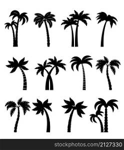 Vector palm trees silhouettes. Palms tree set illustration isolated on white, hand drawn relax palmtree drawings for sea and beach travel designs. Palm trees silhouettes