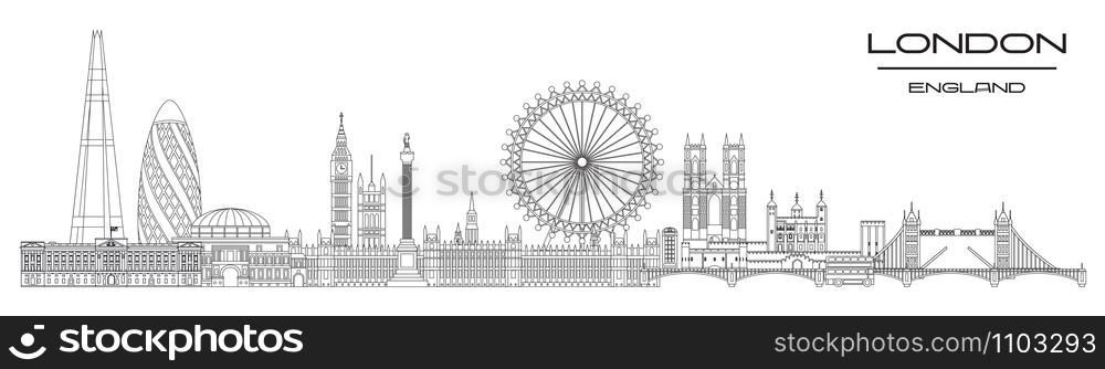 Vector panoramic line art illustration of landmarks of London, England. London city skyline vector illustration isolated on white background. London vector icon. London building outline.