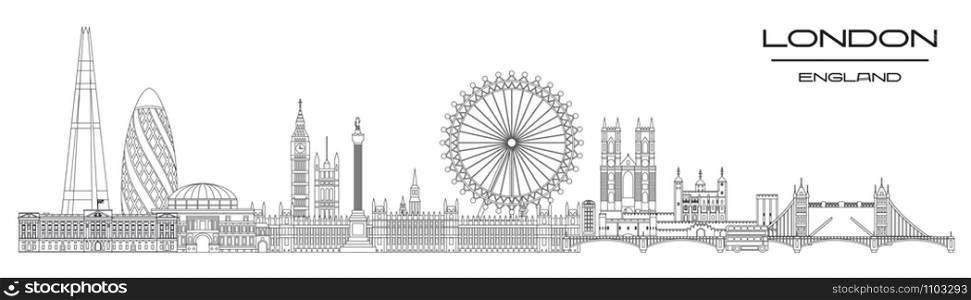 Vector panoramic line art illustration of landmarks of London, England. London city skyline vector illustration isolated on white background. London vector icon. London building outline.