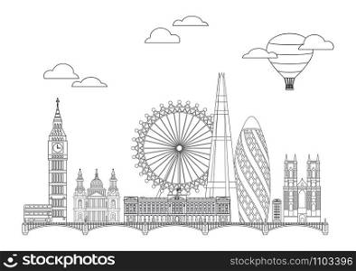 Vector panoramic line art illustration of landmarks of London, England. London city skyline vector illustration in black and white colors isolated on white background. London vector icon. London building outline.