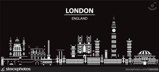Vector panoramic London skyline travel illustration. London city landmarks in white color in black background. Worldwide tourism and journey traveling concept.Stock illustration