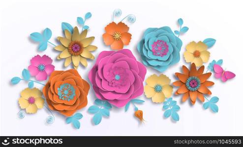 Vector paper art, summer flowers on a white background with leaves cut of paper. Stock image illustration. Paper art, summer flowers on a white background with leaves cut of paper. Vector stock illustration