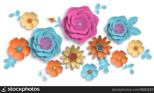Vector paper art, summer flowers on a white background with leaves cut of paper. Stock image illustration. Paper art, summer flowers on a white background with leaves cut of paper. Vector stock illustration