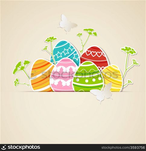 Vector paper background with Easter eggs, flowers and butterflies