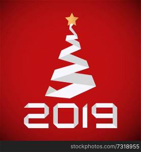 Vector Paper Christmas and New Year Tree. holiday cards and banners. 2019. Paper cut style.