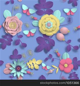 Vector paper craft 3D wild rose flowers, rosehip berries and butterfly seamless pattern. Illustration stock image. Paper craft 3D wild rose flowers, rosehip berries and butterfly seamless pattern. Vector illustration stock image