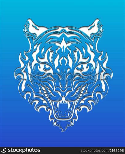Vector paper cut illustration with silhouette of angry tiger head. Layered card with contour roar formidable predator on blue background. 3D tracery symbol of the eastern new year.. Vector paper cut illustration with silhouette of angry tiger head. Layered card with contour roar formidable predator on blue background.