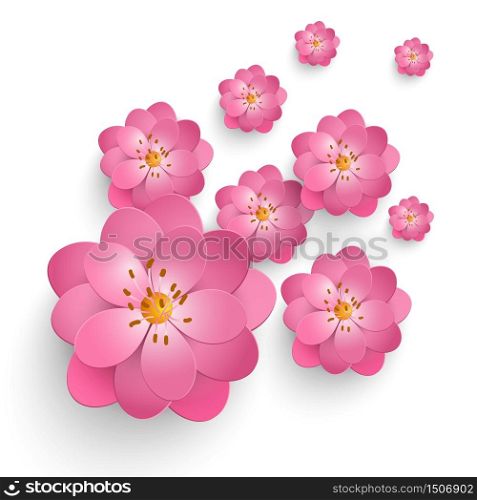 Vector paper cut sakura flowers. Floral volumetric composition. Elegant element for invitaion cards.