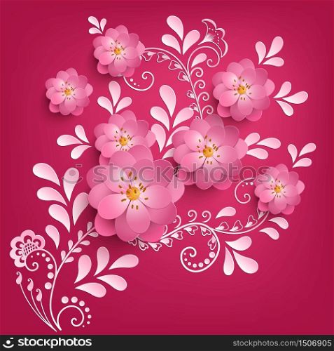 Vector paper cut sakura flowers with mehndi ornament on background. Floral volumetric composition. Elegant element for invitaion cards.