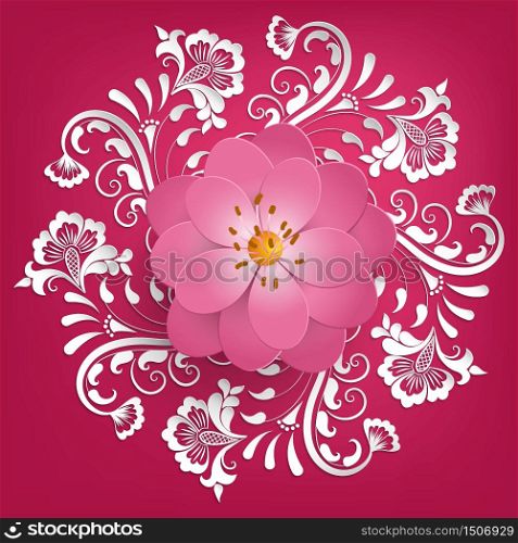 Vector paper cut sakura flowers with mehndi ornament on background. Floral volumetric composition. Elegant element for invitaion cards.