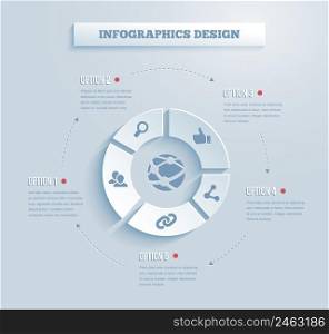 Vector paper infographics with social media and networking icons showing links  contacts  community  chat  share  search and like on five segments of a wheel with text options