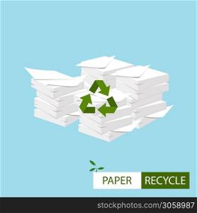 Vector. Paper recycling concept. Big stacks of papers with recycle sign. . Paper recycling concept. Big stacks of papers with recycle sign. Vector