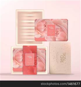 Vector Paper Wrapped Soap Bar with Pink Ceramic Dish, Rose Pattern Printed Sleeve Packaging